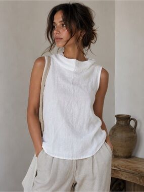 🇮🇹 Made in Italy 100% Linen Sleeveless White Top Minimalist Coastal Luxury M/L